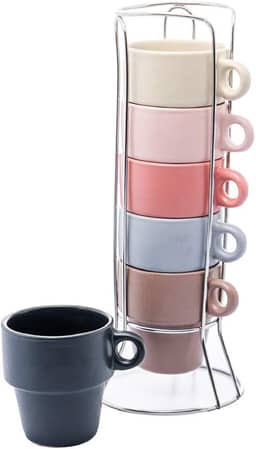 WOLFF - Conjunto 6 Xícaras de Café Empilháveis de Cerâmica com Suporte Coloridas 90ml
