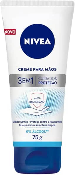 NIVEA Creme para Mãos Ação Antibacteriana 3 em 1 75g - Creme 3 em 1 com ação antibacteriana e sem álcool etílico, hidrata e protege as mãos do ressecamento, fortalecendo a barreira natural da pele