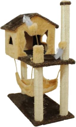 Casa Arranhador Playground Brinquedo Com Rede Poste Sisal Gato – Chocolate/Bege