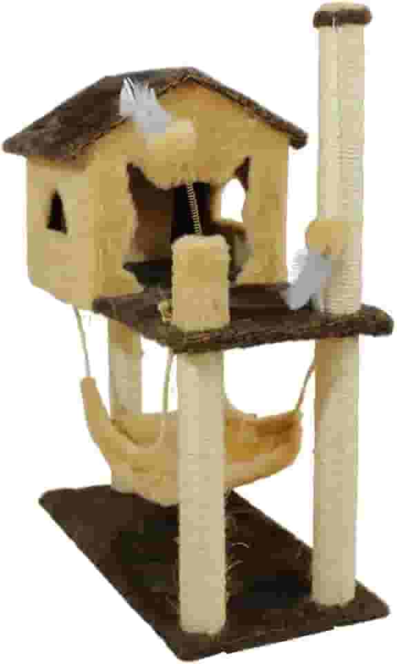 Casa Arranhador Playground Brinquedo Com Rede Poste Sisal Gato – Chocolate/Bege