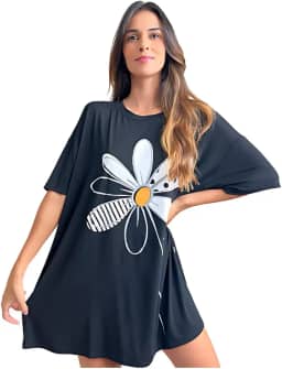Camisola Feminina De Dormir Camisetão Verão Manga Curta Flor