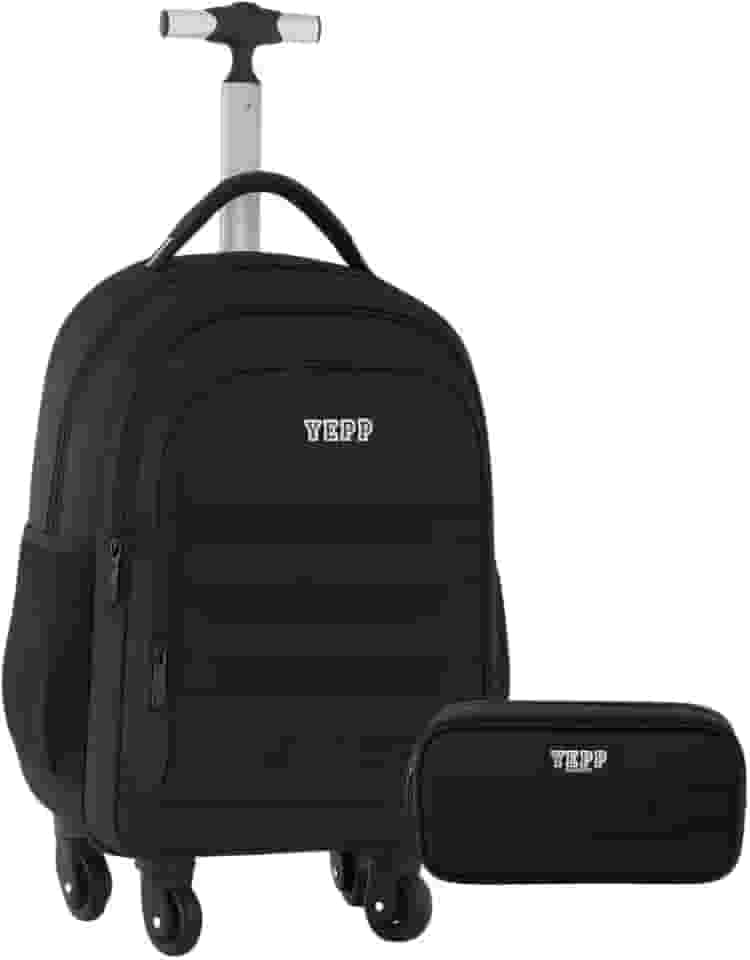 Mochila De Rodinhas 360° Tamanho Grande Com Estojo Duplo Escolar Juvenil Masculino, Preta, Com Rodas Giratórias