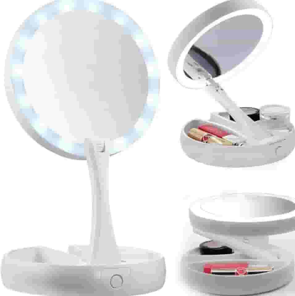 Espelho de Maquiagem LED Dobrável com Base Organizadora – Dupla Face, Aumento 10x, Iluminação Integrada, Portátil para Viagem e Bancada – Branco