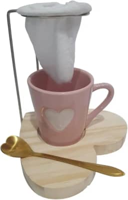 Kit Caneca Xícara Mini Coador Café Individual Reutilizável (Rosa Coração)