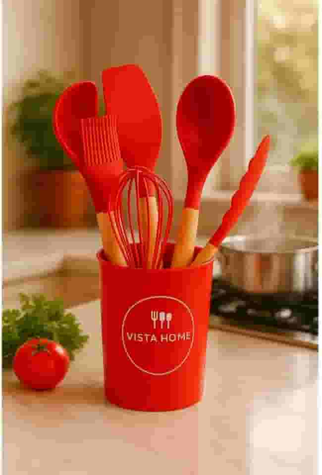 Colher Silicone Cabo de Madeira Vermelho Vista Home