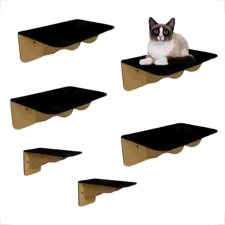 Kit 4 Prateleiras + 2 Degraus De Parede Brinquedo Para Gatos Em Mdf Com Carpete Antiderrapante