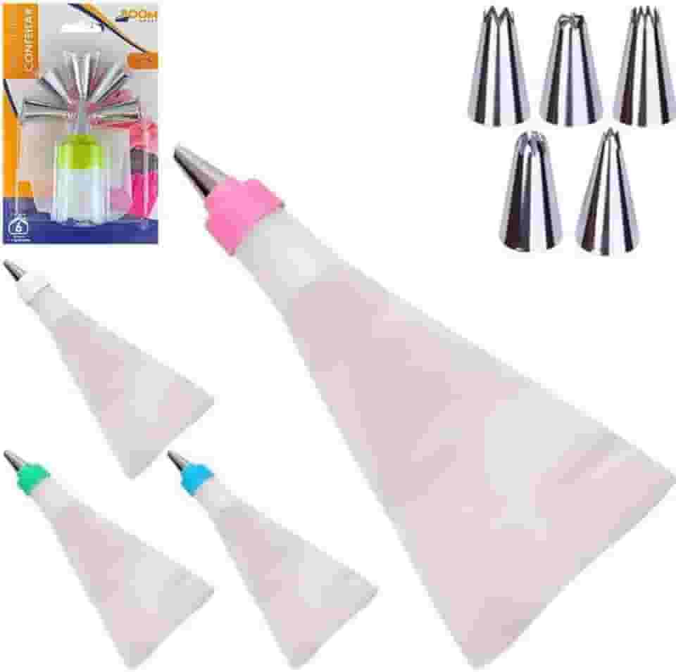 Jogo de Confeiteiro Com 6 Bicos Diferentes Saco de Silicone Adaptador Matriz Bisnaga para Decoração de Bolos Cupcakes e Tortas