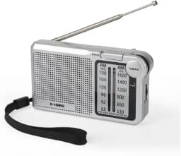 Rádio Portátil AM/FM, 2 Bandas, Recarregável USB Tipo-C, Entrada para Fone de Ouvido