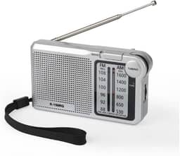 Rádio Portátil AM/FM, Rádio de Bolso, 2 Bandas, Alimentação por 2 Pilhas AA(Não inclusas) e Cabo USB tipo C, Antena e Entrada para Fone de Ouvido