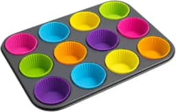 Assadeira Antiaderente em Aço Carbono com 12 Formas de Silicone Reutilizáveis – Ideal para Cupcakes, Muffins, Bolos e Pães de Queijo – Utensílio Prático e Durável para Cozinha
