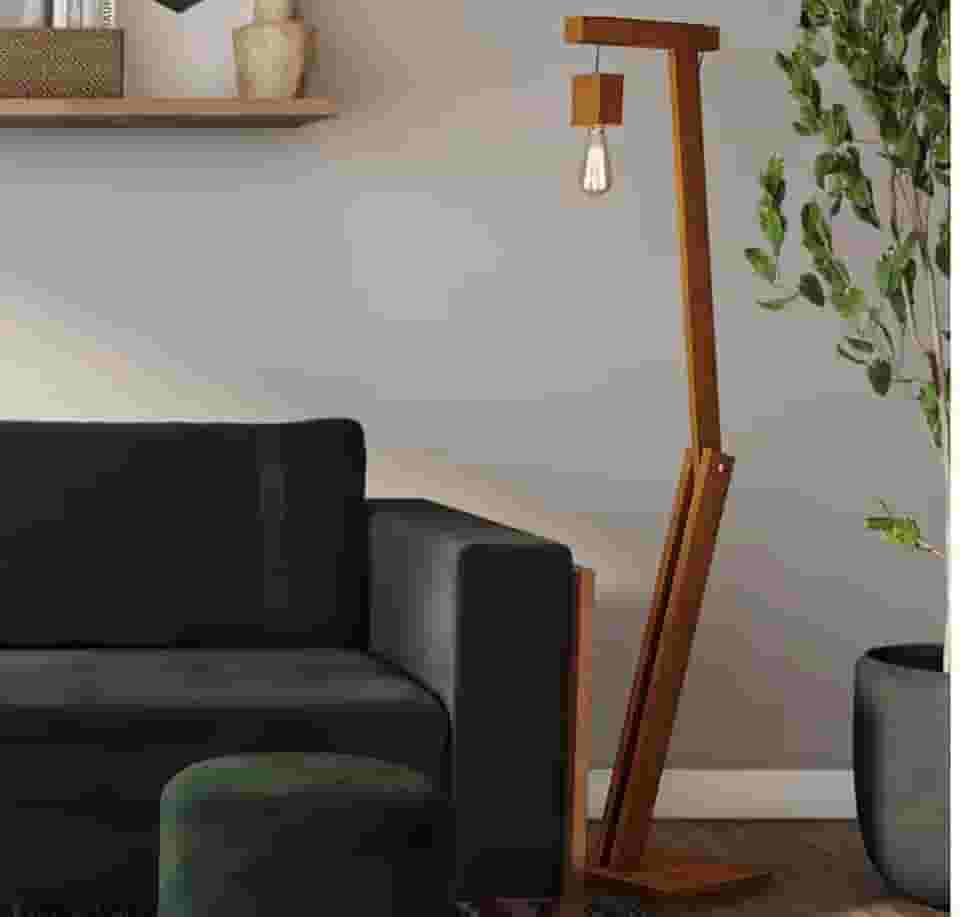 Luminária Articulada em Madeira Piso Chão Pelicano Amêndoa