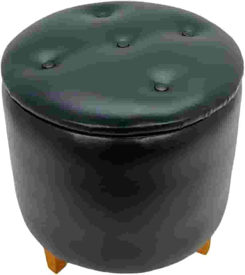 Puff Baú Redondo Estofado em Couro Sintético, Pés em Madeira para Sala/Quarto Infantil/Centro, Heimon (Preto)