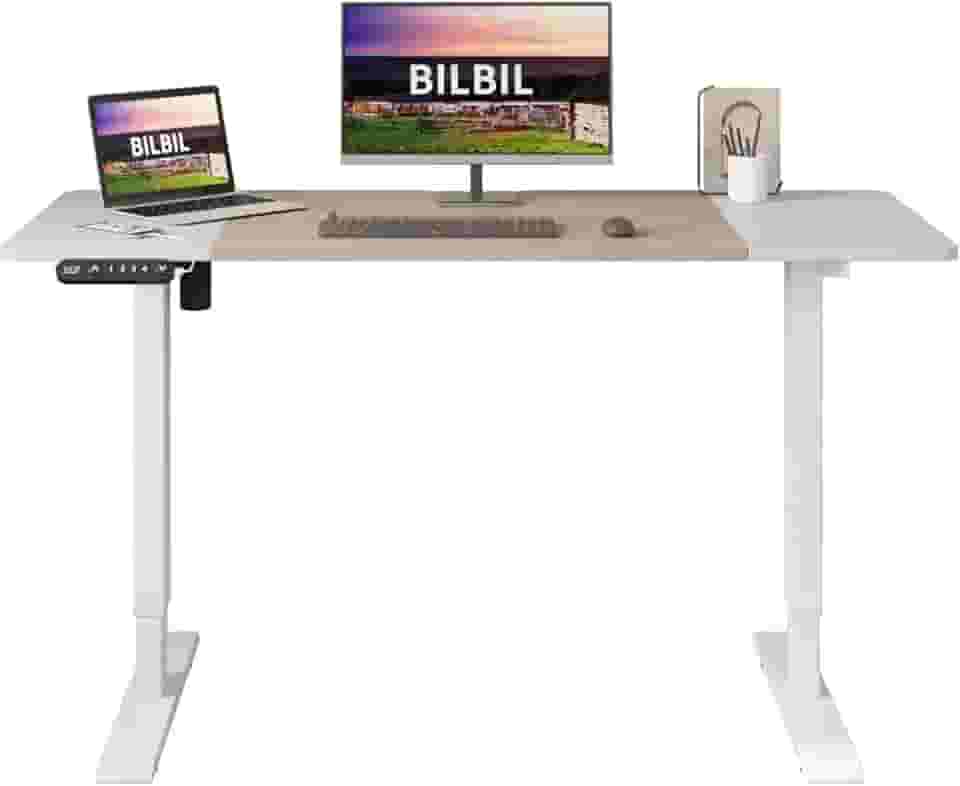 bilbil Mesa de pé elétrica ajustável em altura, 139 x 61 cm, suporte para trabalho, escritório, casa, mesa ergonômica para computador com memória predefinida com emenda (carvalho, branco)