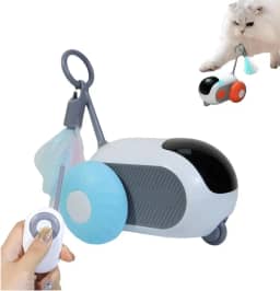 Brinquedo Interativo para Gatos com Controle Remoto — Carrinho Automático com Pena, Bateria Recarregável, Modos Manual e Automático, Estimula Instinto de Caça e Exercício (AZUL)