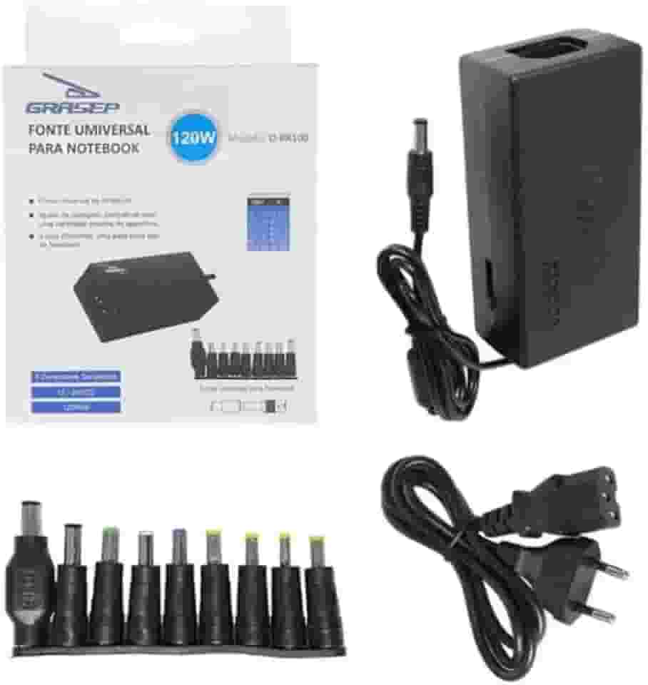 Adaptador Carregador Universal De Notebook Fonte Universal 120W, chave seletora 12V a 24V, com 9 Plugs e Cabo de Força Bivolt