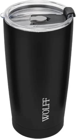WOLFF - Copo Térmico de Aço Inox Parede Dupla Com Tampa 600ml Preto - Para Viagem - Mantém a Bebida na Temperatura Ideal