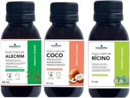 Kit Óleos Capilares Naturais, Rícino, Coco e Alecrim, 60ml cada, Fortalecimento e Hidratação Profunda
