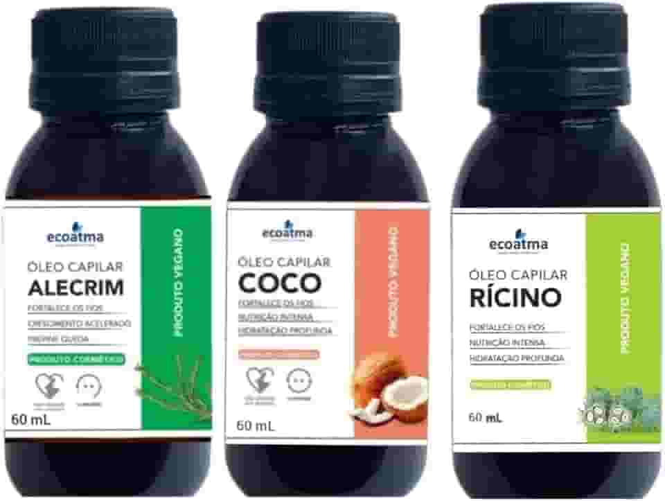 Kit Óleos Capilares Naturais, Rícino, Coco e Alecrim, 60ml cada, Fortalecimento e Hidratação Profunda