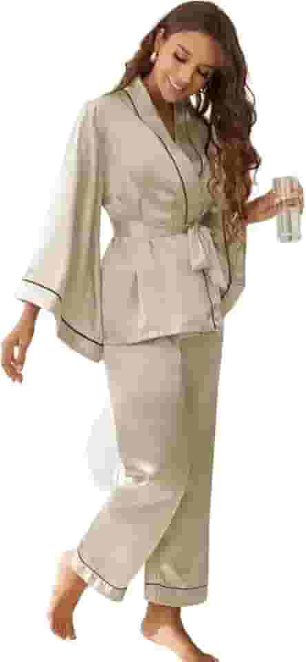 Pijama Feminino Cetim toque de Seda Kimono Robe Calça e Manga Flaire