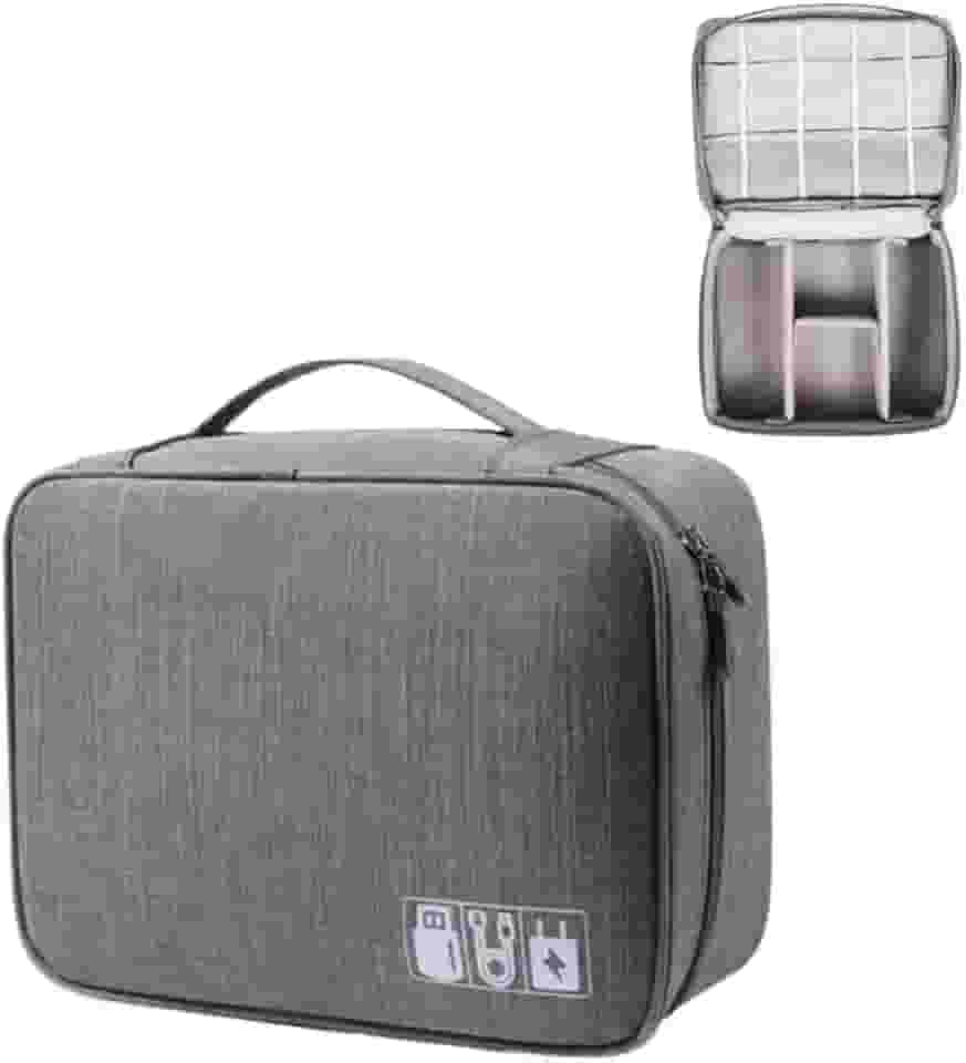 Estojo Organizador Para Cabos Fios Acessórios Eletrônicos Viagem Grande Duplo Modelo Rígido Portátil Multifuncional (Cinza)