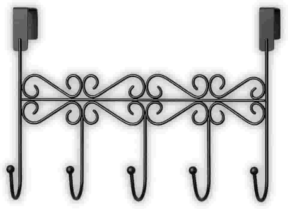 Cabideiro de Porta Estilo Arabesco em Ferro Forjado com 5 Ganchos – Instalação Sem Furos, Ideal para Casacos, Bolsas, Toalhas e Chaves | Elegância & Praticidade em Qualquer Ambiente