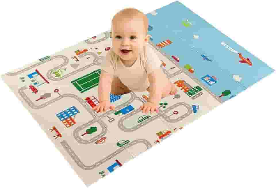 Tapete Térmico Tatame Infantil Emborrachado Dupla Face Dobrável Macio 178cm x 118cm Pista Urso Castor Sensorial Meu Primeiro Tapetinho (Pista/Cidade)