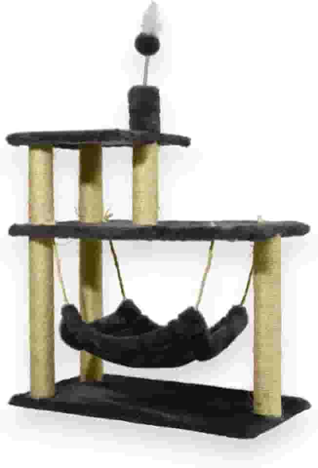 Arranhador Gato Sisal Triplo Grande com Bolinha e Rede Cinza