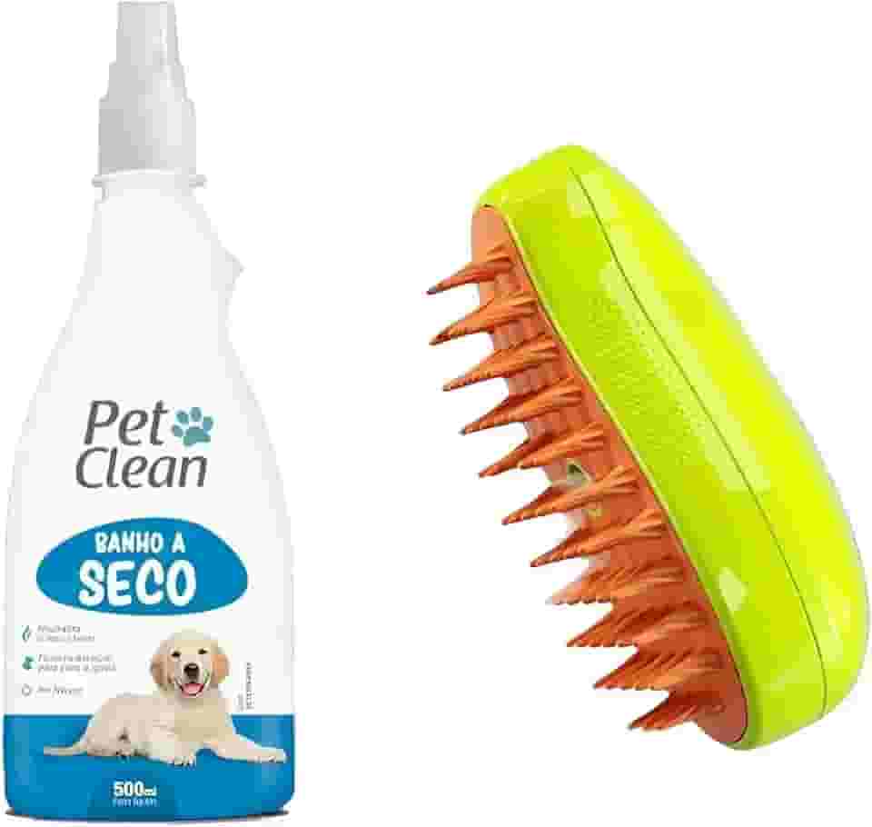 Kit Banho a Seco Pet Completo Para Cães e Gatos 1un 500ml Limpeza Rápida Sem Água e 1un Escova a Vapor 3 em 1 Tira Pelo Autolimpante Higiene Prática Premium