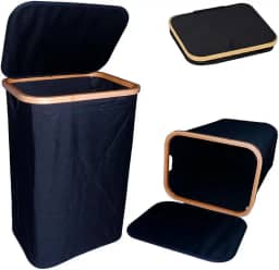Cesto de Roupa Dobrável com Tampa, 60x40x30cm, Tecido Poliéster e Bambu, Preto