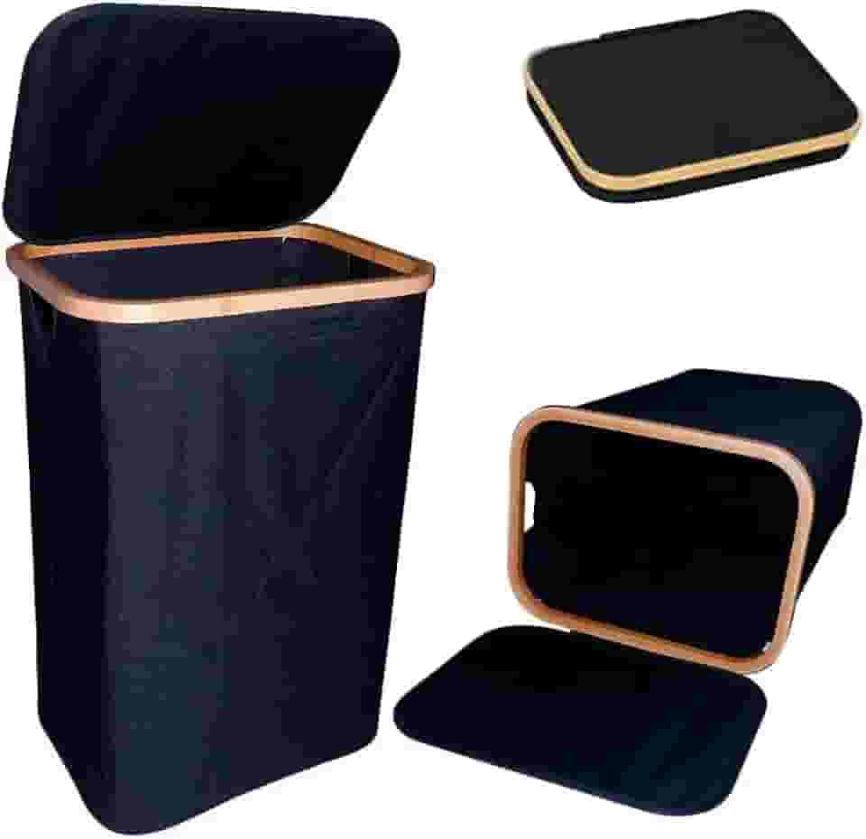 Cesto de Roupa Dobrável com Tampa, 60x40x30cm, Tecido Poliéster e Bambu, Preto