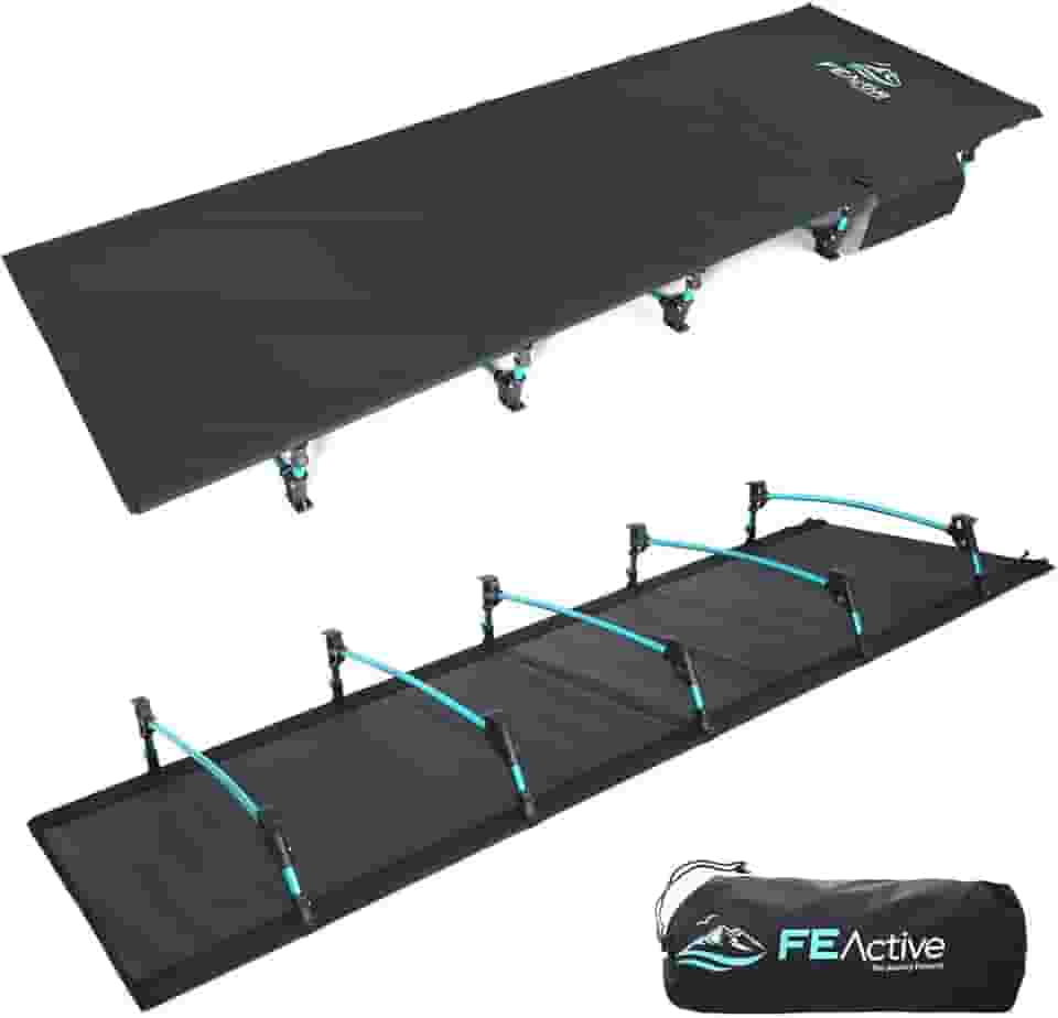FE Active – Cama dobrável compacta forte e resistente ultraleve para acampamento, cama confortável para adultos e crianças para dormir. Ideal Camping Essentials. Serve para colchão de ar único | Projetado na Califórnia, EUA