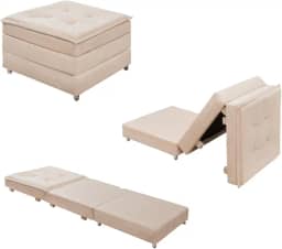Puff Dobrável 3 em 1 Vira Colchão Solteiro Com Rodinhas E Bau (Bege)