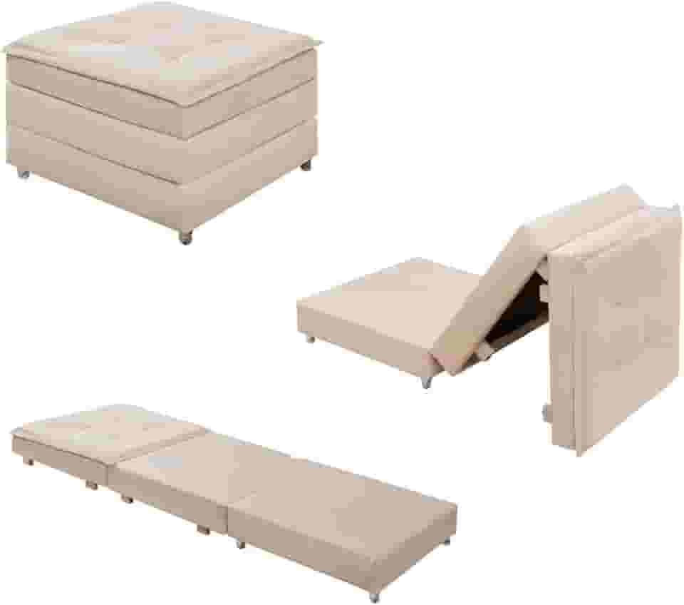 Puff Dobrável 3 em 1 Vira Colchão Solteiro Com Rodinhas E Bau (Bege)