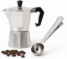 Kit Cafeteira Italiana Moka Alumínio 300ml com Colher Medidora Inox com Prendedor Ideal para Café Encorpado Preparo no Fogão Cozinha Prática Viagem ou Presente Criativo