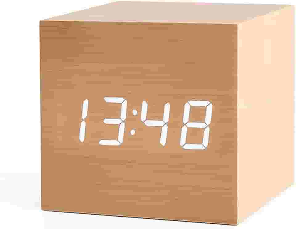 Relógio Despertador De Mesa Digital Moderno De Madeira Com Controle De Voz Cubo