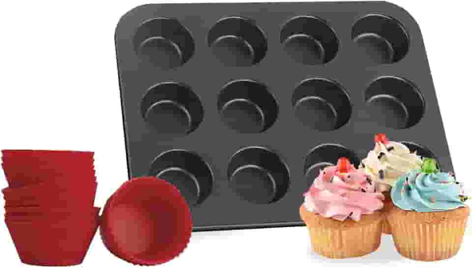 Forma para Cupcake e Muffin - Assadeira com 12 Cavidades Antiaderente, Kit com 12 Forminhas de Silicone, Ideal para Mini Bolo e Air Fryer