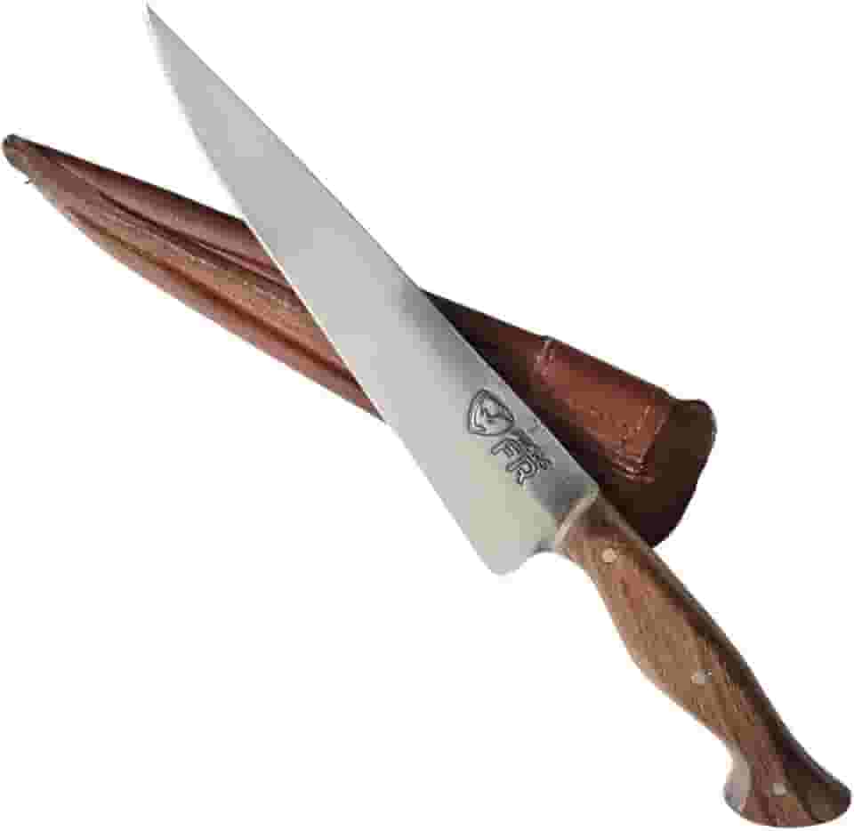 Faca Churrasco Artesanal FACAS FR Aço Carbono Full Tang com Cabo de Madeira Nobre e Bainha de Couro - Corte Preciso e Durabilidade Superior