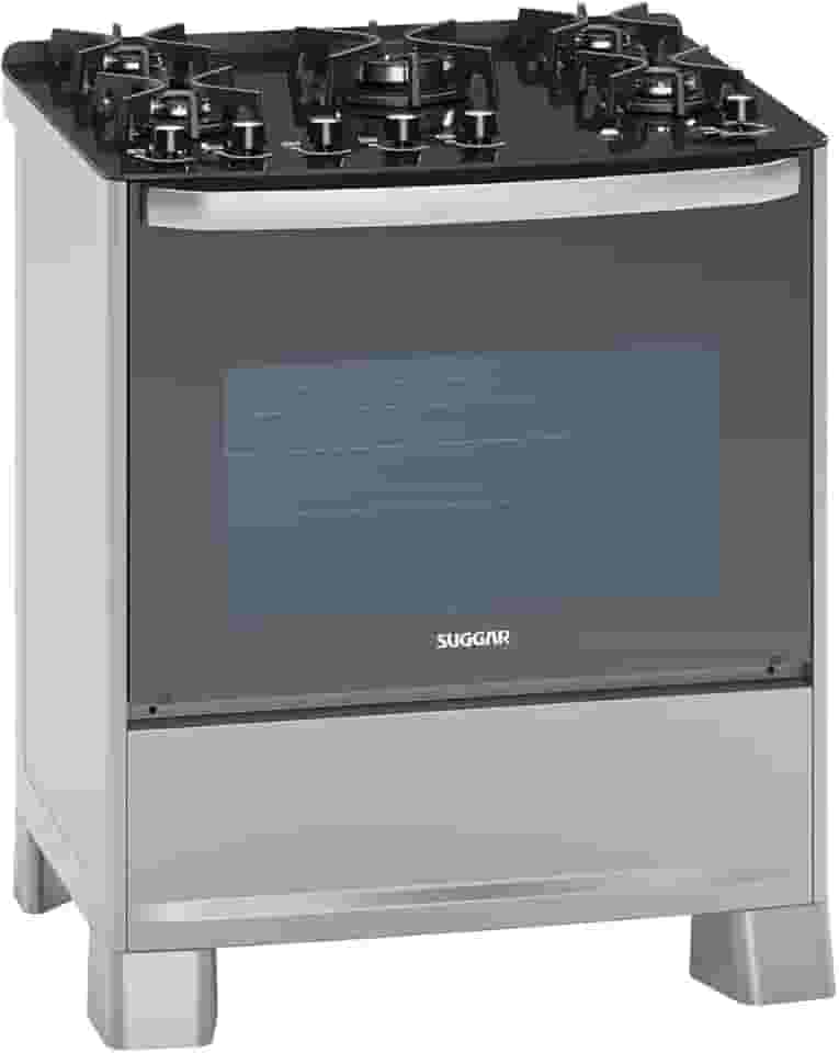 SUGGAR FOGÃO MASTER GRILL PRATA MESA DE VIDRO 5 BOCAS TRIPLA CHAMA GRILL 110V TREMPE FERRO FUNDIDO ACENDIMENTO SUPERAUTOMÁTICO FGVMTG511PRIX