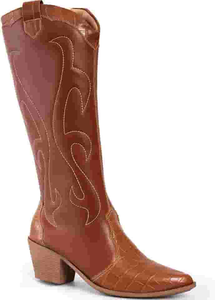 Bota Feminina Texana Bordada Western Bico Fino Confortável