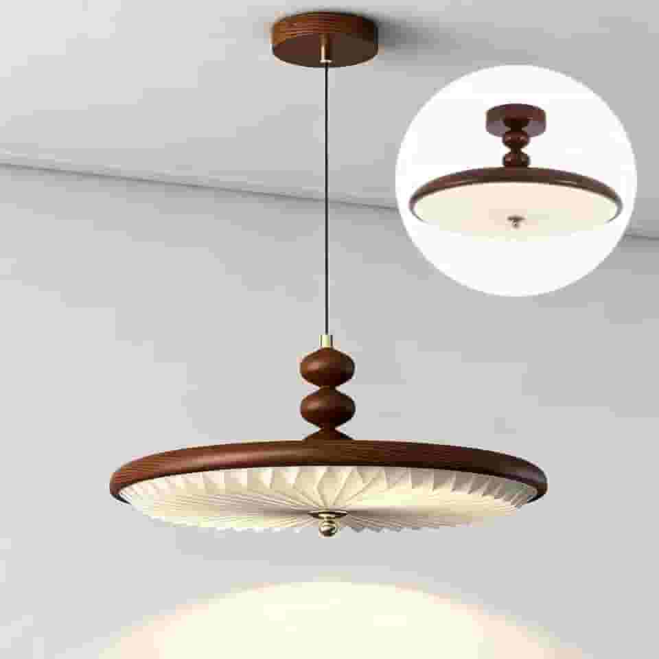 Luminária de Teto LED Daksan com Braço Ajustável, Pendente Redondo Moderno, 60W, 3 Temperaturas de Cor (3000K/4000K/6000K), Diâmetro 50cm, Madeira de Nogueira, para Cozinha, Sala, Quarto