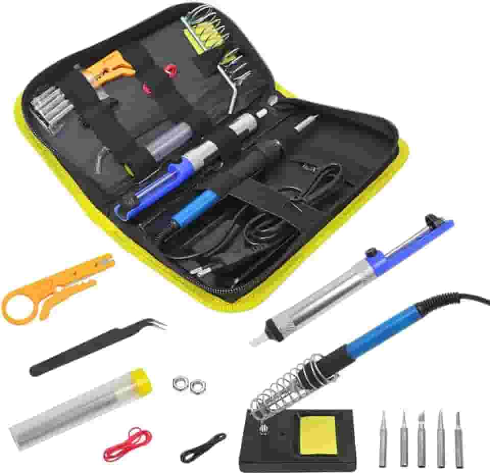 Kit de Solda Elétrica Profissional, 60W 220V, 14 Peças, Soldagem para Componentes Eletrônicos, Suporte, Sugador, Estanho e Acessórios em Estojo