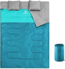 oaskys Saco de dormir duplo para adultos com 2 travesseiros – Queen Size GG Saco de dormir à prova d'água para todas as estações, acampamento, caminhada, mochilão, 2 pessoas, sacos de dormir para clima frio e quente