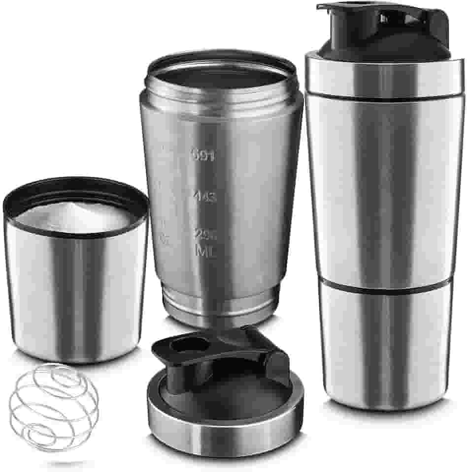Garrafa Coqueteleira 750ML Aço Inoxidável Shake Gym, Resistente a Quedas e Capacidae Versátil Com Copo Adicional De 200ML, Mola Para Mistura e Medidor Gravado Para Dosagem De Suplementos