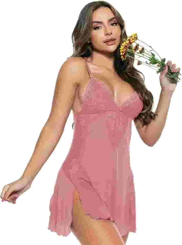 Camisola Rendada Sensual Poliamida, Decote Reto, Pijama Alças Reguláveis, Lingerie Sexy