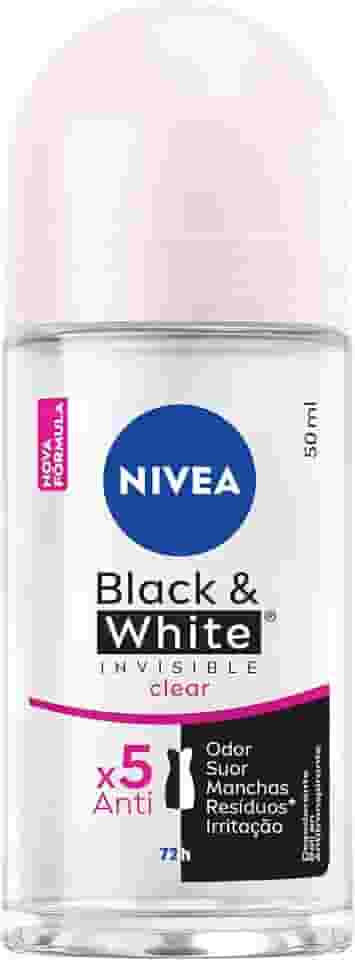 NIVEA Desodorante Antitranspirante Roll On Invisible Black & White Clear 50ml - Proteção prolongada de 48h, cuidado suave, ação antibacteriana, fórmula 5 em 1: anti-manchas, anti-odor