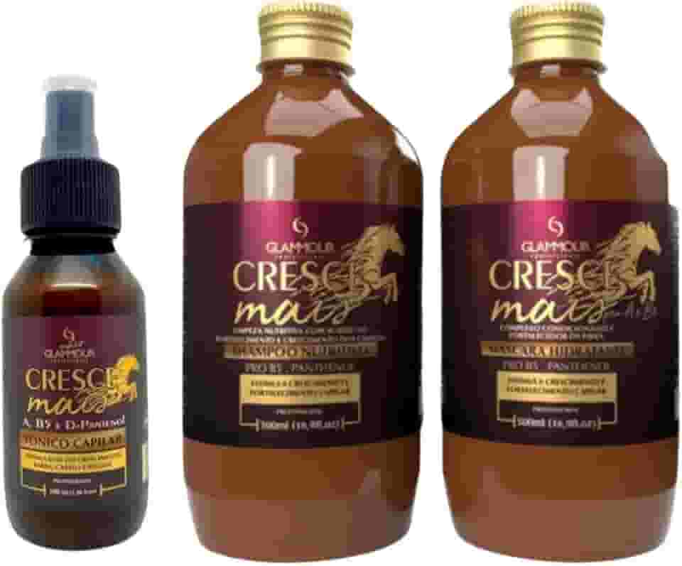 Glammour Cresce Mais, Kit Profissional para Crescimento Capilar, Shampoo 500ml + Máscara 500ml + Tônico 100ml, com Pantenol