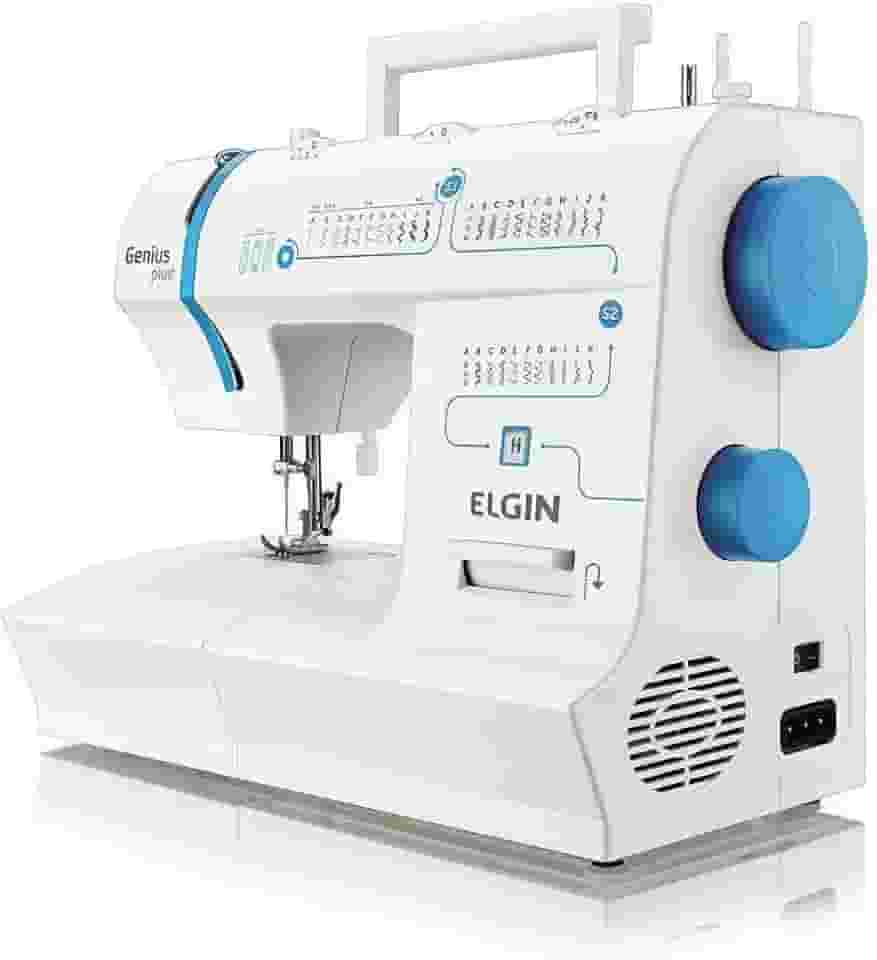 Máquina de Costura Portátil Elgin Genius Plus JX-4035 127V Branca e Azul para Uso Doméstico