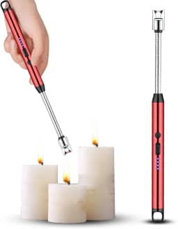 Isqueiro Acendedor Elétrico Recarregável de Fogão a Gás, Churrasqueira, Velas, Cozinha, Ponta Flexível, Carregamento USB, 27 cm, Premium (Vermelho)