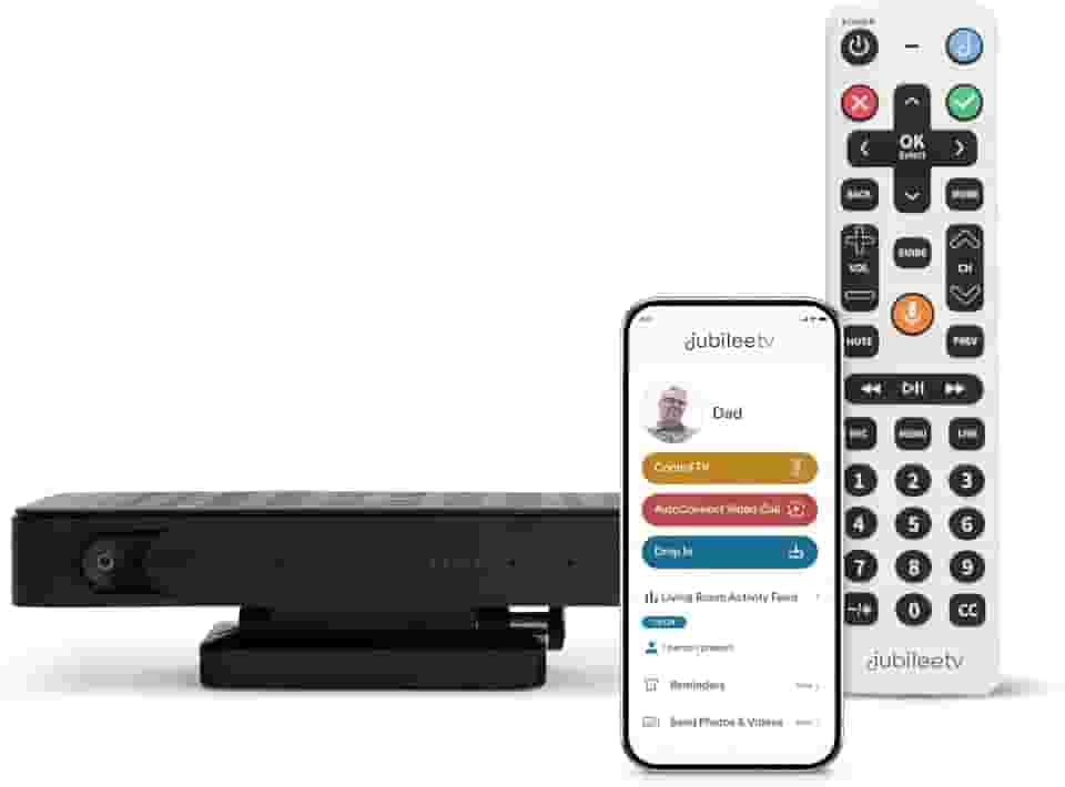 Jubilee TV: Controle remoto universal para idosos, chamadas de vídeo fáceis de usar + controles de voz + tela digital, controle de TV baseado em aplicativo de qualquer lugar, inclui aplicativo móvel +