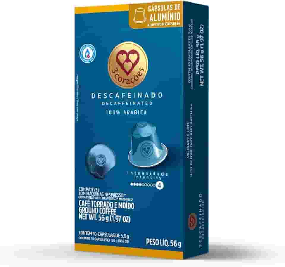 3 Corações Cápsulas de Café Descafeinado, Compatíveis com Nespresso, contém 10 cápsulas
